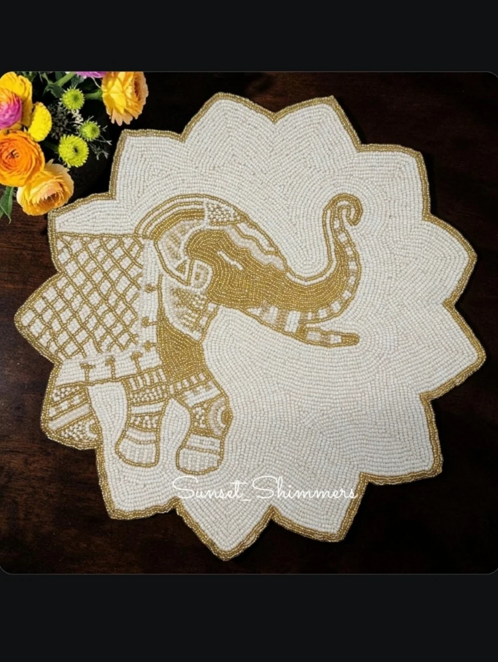4pc Lucky Golden Elephant 15in Beaded Charger Placemats Set Jewels Of Mumbai New